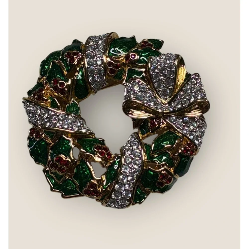 Swarovski Christmas Wreath Brooch Crystal Enamel Holly Bow Gold Tone Pin 2